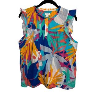 JCrew Blouse Womens M Bright Color Tropical Ruffle Sleeve Re-Imagined Cotton Top